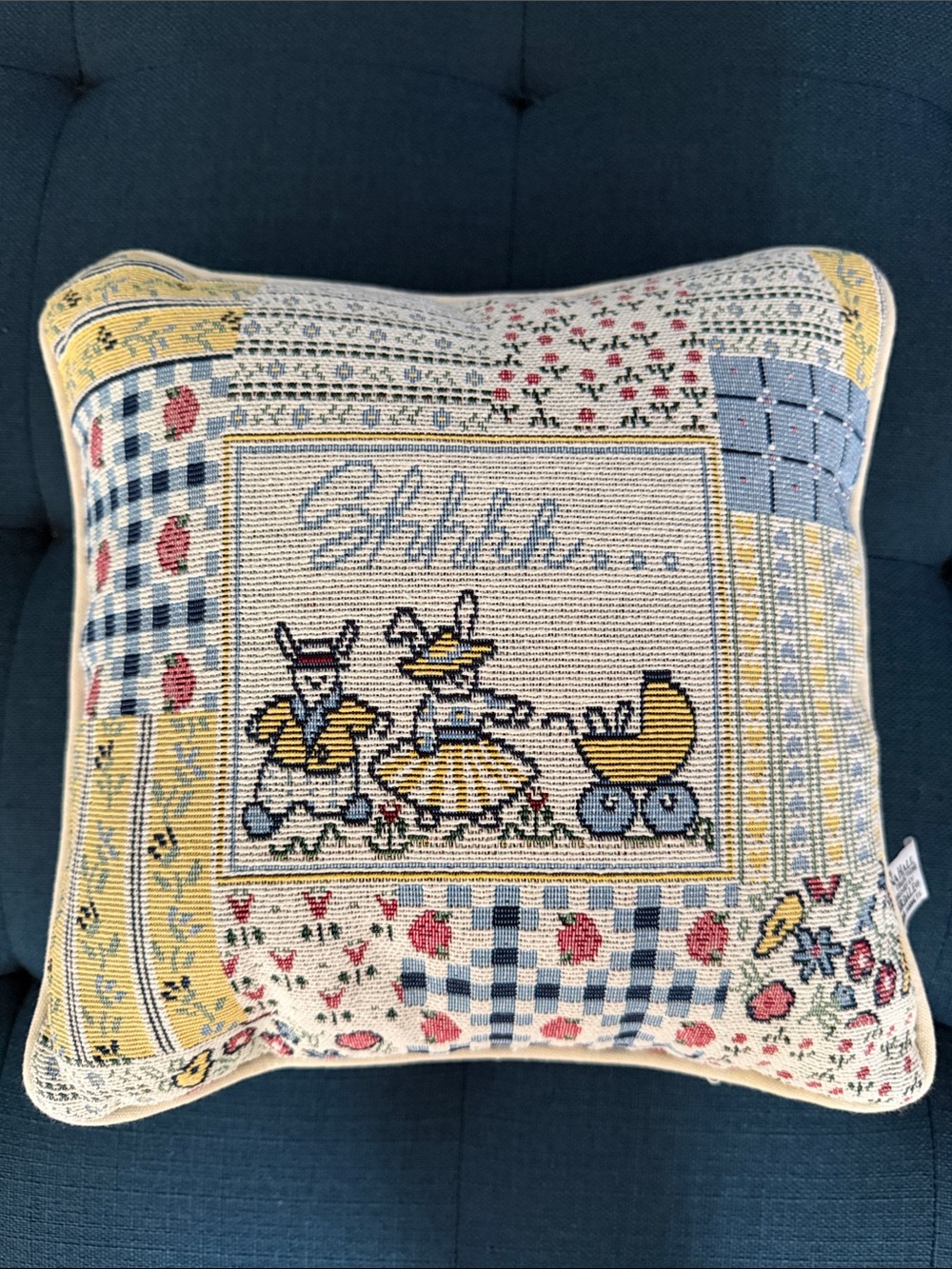 Jena Hall Collections Embroidered Bunny Patchwork Nursery Throw Pillow 12”